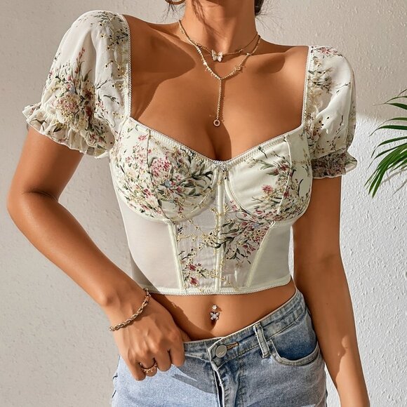 Apricot Boho Floral Embroidery Puff Sleeve Mesh Insert Bustier Crop Chiffon Top - Picture 1 of 5